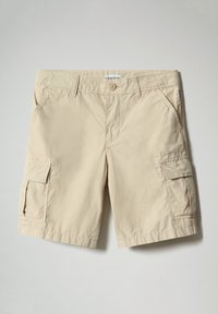 Pantaloni cargo beige realizzati in tessuto leggero, dotati di due ampie tasche laterali, chiusura con bottone e passanti per cintura. Texture morbida.