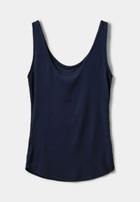 Top din jersey ribbed de culoare bleumarin, cu decolteu în formă de cerc și bretele subțiri, având un design ajustat și fără închideri vizibile.