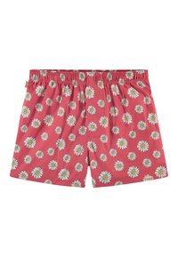 Rode katoenen shorts met een elastische tailleband, voorzien van een witte madeliefjesprint. Etiket zichtbaar in de rechterbenedenhoek.