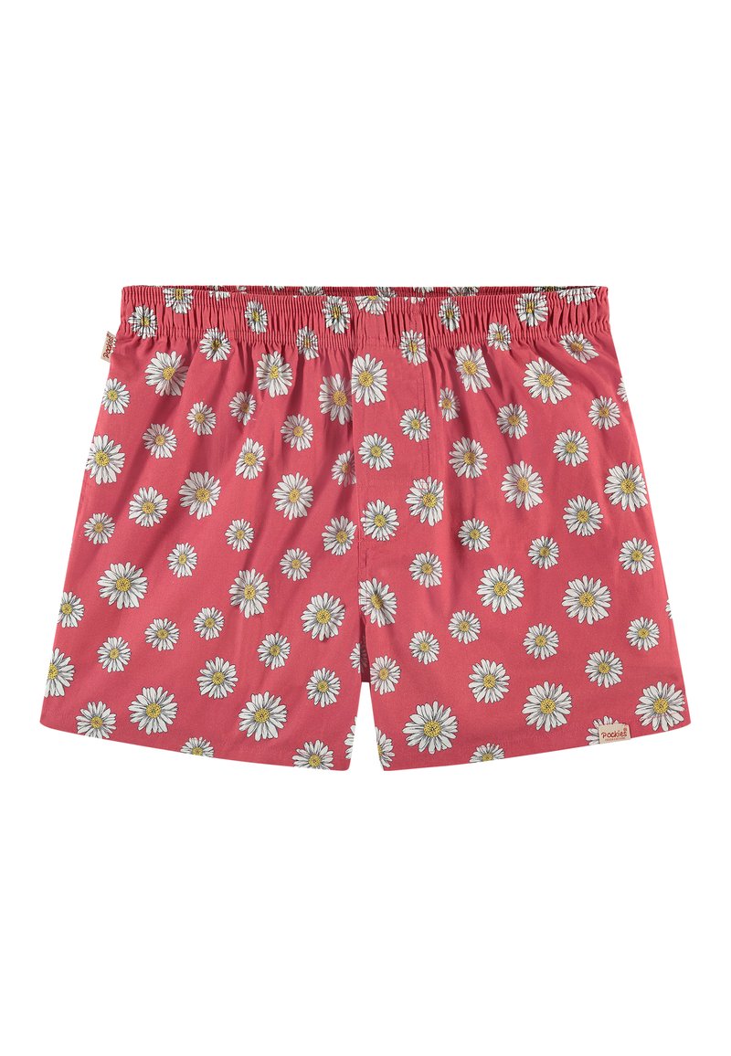 Rode katoenen shorts met een elastische tailleband, voorzien van een witte madeliefjesprint. Etiket zichtbaar in de rechterbenedenhoek.
