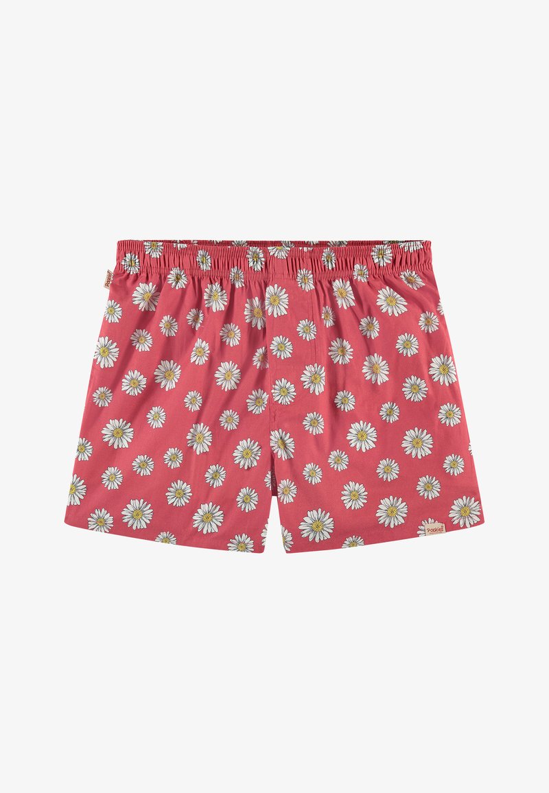 Czerwone bawełniane szorty z elastycznym pasem, z białym wzorem stokrotek na całej powierzchni. Etykieta widoczna w prawym dolnym rogu.