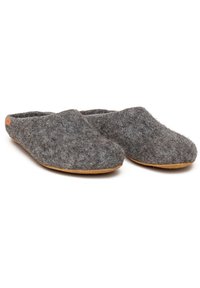 Gray felt slippers with a soft texture, rounded toe, and minimalistic design. Brown leather accents on the back add detail.