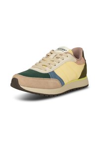 Bunte Sneakers mit einem cremefarbenen Mesh-Obermaterial, gelben und grünen Wildlederpaneelen sowie einer strukturierten pinken Ferse. Leichte Gummisohle.