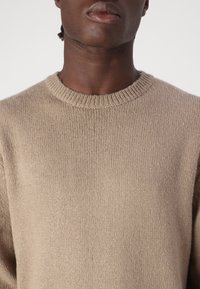 Beiger Strickpulli mit Rundhalsausschnitt und strukturierter Oberfläche, der ein weiches Material und ein einheitliches Maschenmuster zeigt.