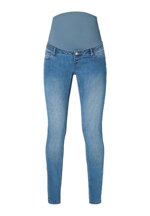 Vaqueros de denim azul ajustados con un diseño de cintura alta. Presentan una cinturilla suave y elástica y un ligero desvanecimiento en las piernas. Sin adornos visibles.