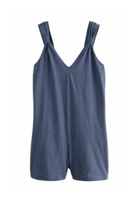 Blauer ärmelloser Jumpsuit mit V-Ausschnitt, Knotendetails an den Trägern und einem weichen, strukturierten Stoff; entworfen für Komfort und ein angenehmes Tragegefühl.