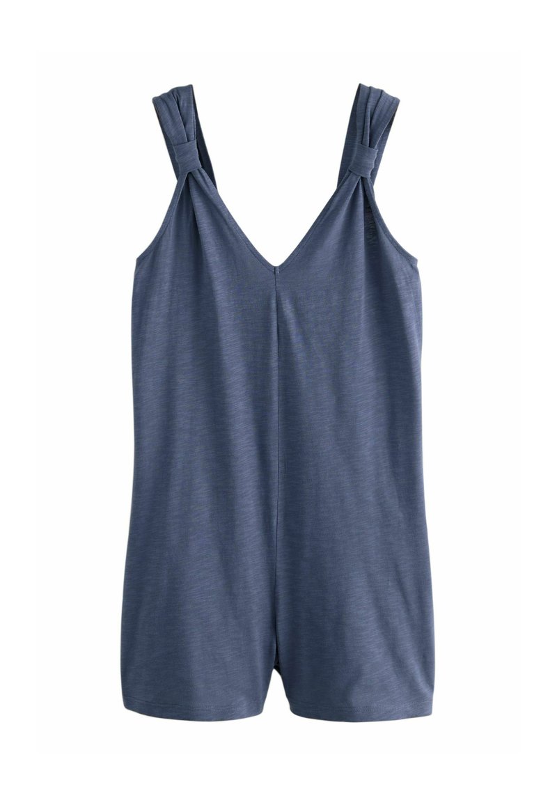 Blauer ärmelloser Jumpsuit mit V-Ausschnitt, Knotendetails an den Trägern und einem weichen, strukturierten Stoff; entworfen für Komfort und ein angenehmes Tragegefühl.