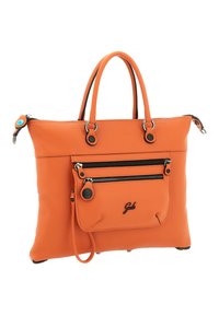 Borsa a mano in pelle arancione con doppio manico superiore, tasca frontale con cerniera, dettagli con cerniera nera e logo marchiato sul davanti. Superficie strutturata.