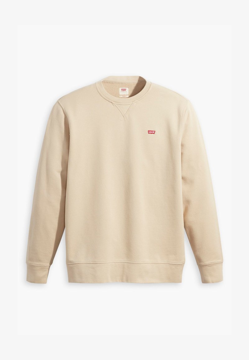 Beiger Sweatshirt mit Rundhalsausschnitt, langen Ärmeln und gerippten Bündchen. Verfügt über ein kleines rotes Levi's-Logo auf der Vorderseite. Weiche Textur.