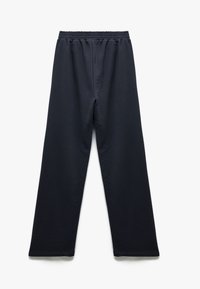 Mörk marinblå, vida sweatpants i mjukt tyg; elastisk midja med rynkade detaljer; enkel design utan mönster eller dekorationer.