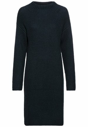Gebreide sweaterjurk in een donker marineblauwe kleur, met een geribbelde structuur, lange mouwen en een ronde halsontwerp voor een ontspannen pasvorm.