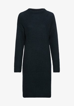 Sweter sukienka w ciemnoniebieskim kolorze, o prążkowanej fakturze, z długimi rękawami i okrągłym dekoltem, zapewniająca luźny krój.