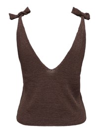 Haut en tricot marron sans manches avec un décolleté en V profond et des bretelles nouées en nœud aux épaules, vu de face.
