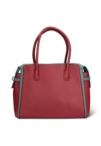 Sac à main en cuir rouge à texture granuleuse, avec des accents bleu sarcelle. Forme structurée avec deux poignées sur le dessus et une fermeture éclair.