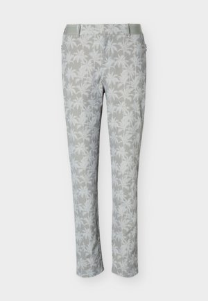 Svijetlosive uske hlače s bijelim uzorkom palmi, petljama za remen i bočnim džepovima sa zatvaračem.