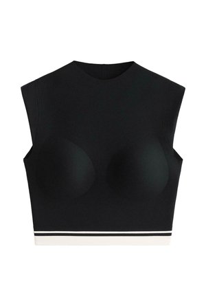 Zwarte crop top met een hoge halslijn, brede armsgaten en gevormde cups. Voorzien van een witte strook aan de onderrand. Gestructureerde stof.