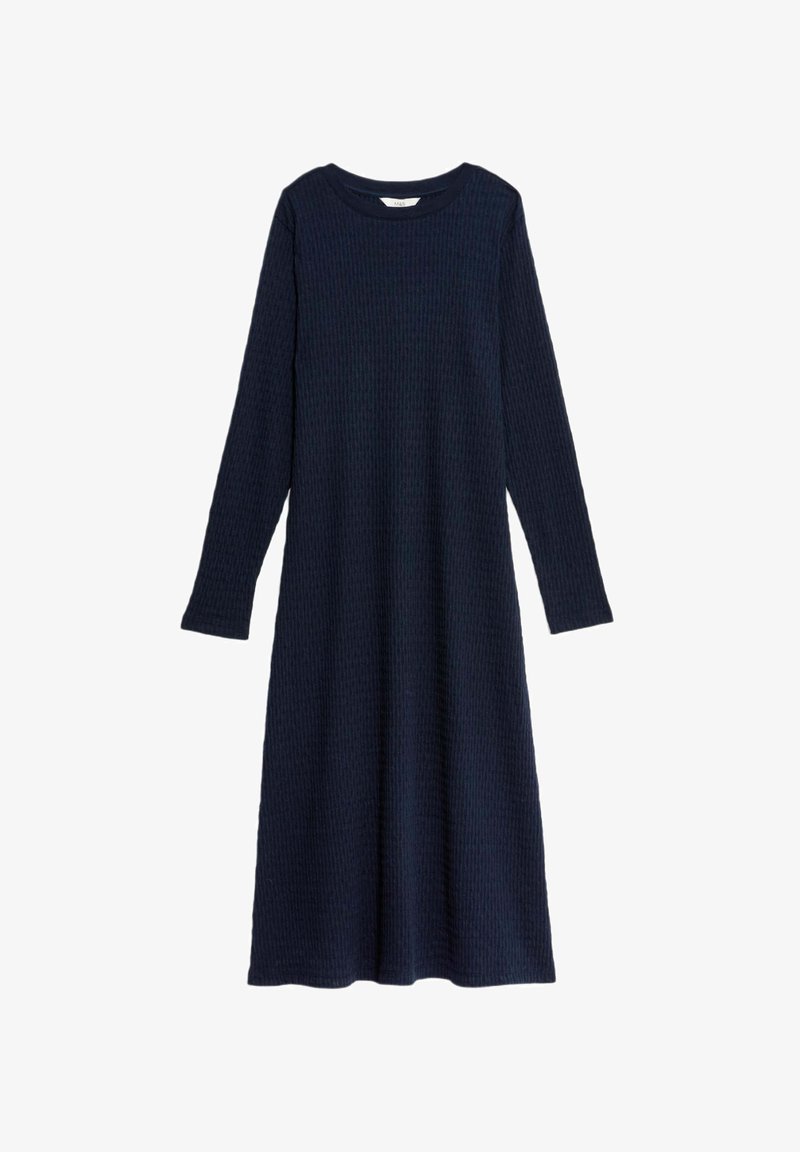 Sukienka z długim rękawem w ciemnym granacie, z ribbowym teksturą, okrągłym dekoltem i rozkloszowanym krojem o długości do połowy łydki.