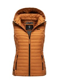 Veste orange matelassée sans manches avec fermeture éclair à l’avant, capuche et deux poches latérales zippées, conçue pour la chaleur et un style décontracté.