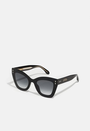 Black cat-eye sunglasses with gradient grey lenses. Made of plastic, featuring gold-tone accents and detailing on the temples.