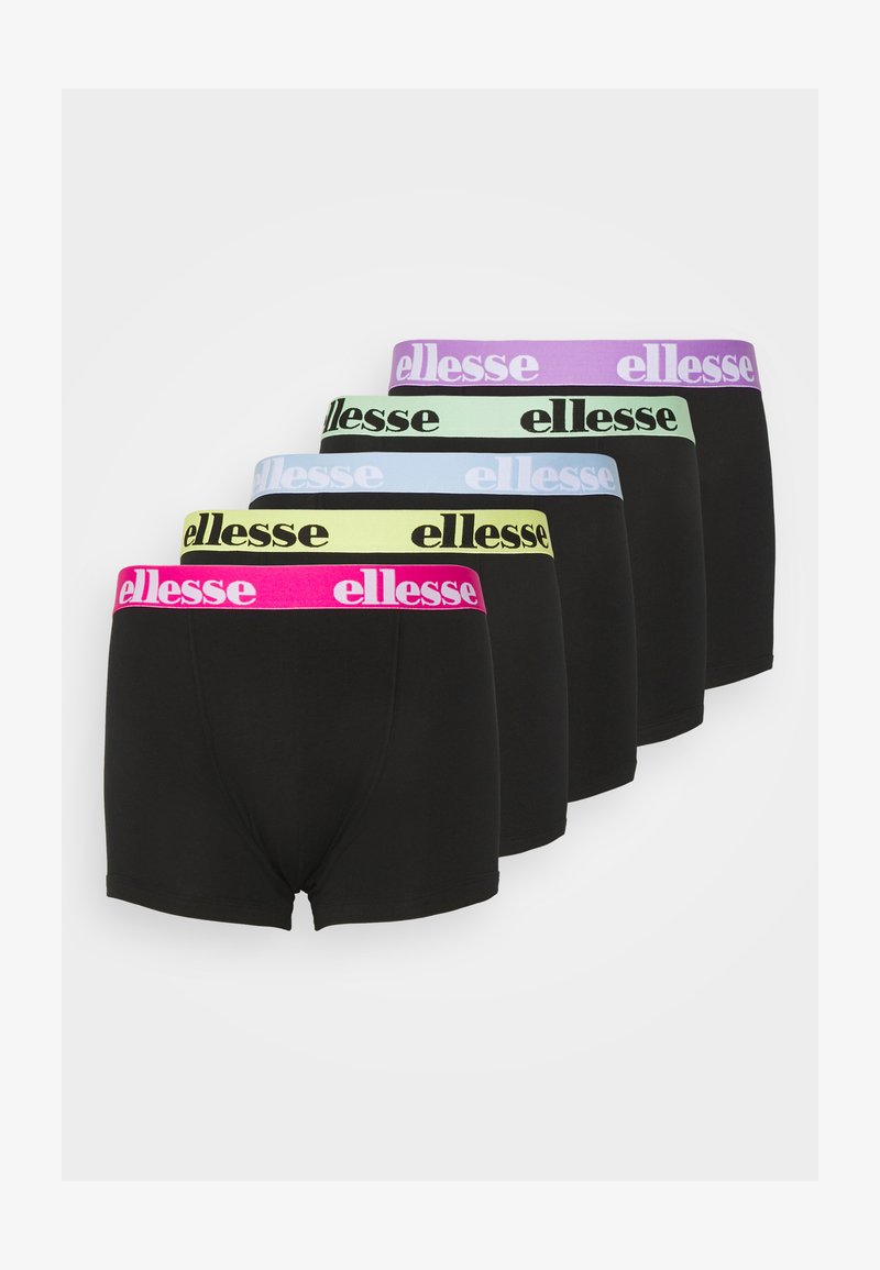 Juodos dėvėjimo džinsai su elastinga juostos juosta rožinės, šviesiai mėlynos, šviesiai žalios, juodos ir purpurinės spalvų, su "ellesse" logotipu.