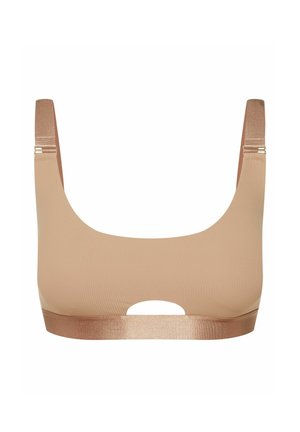 Light brown bra with a ribbed texture, wide straps, and a center cut-out. Features a satin-like band along the bottom for added detail.
