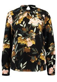 Blouse à manches longues en tissu noir avec un imprimé floral rose, jaune et vert. Présente un col rond avec une découpe en forme de clé au niveau du cou.