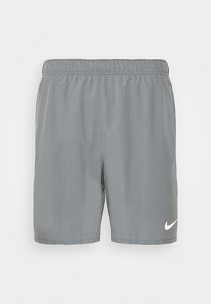 Shorts de sport gris en tissu lisse, avec une taille élastique et un logo Nike blanc en bas à droite.