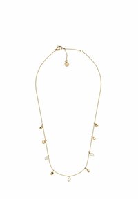 Gouden halsketting met een delicate ketting, voorzien van diverse kleine, druppelvormige kralen en ronde accenten, beveiligd met een karabijnsluiting.
