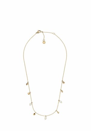Collier en ton doré caractérisé par une chaîne délicate avec des petites perles en forme de goutte et des accent circulaires, fixé par un fermoir en forme de homard.