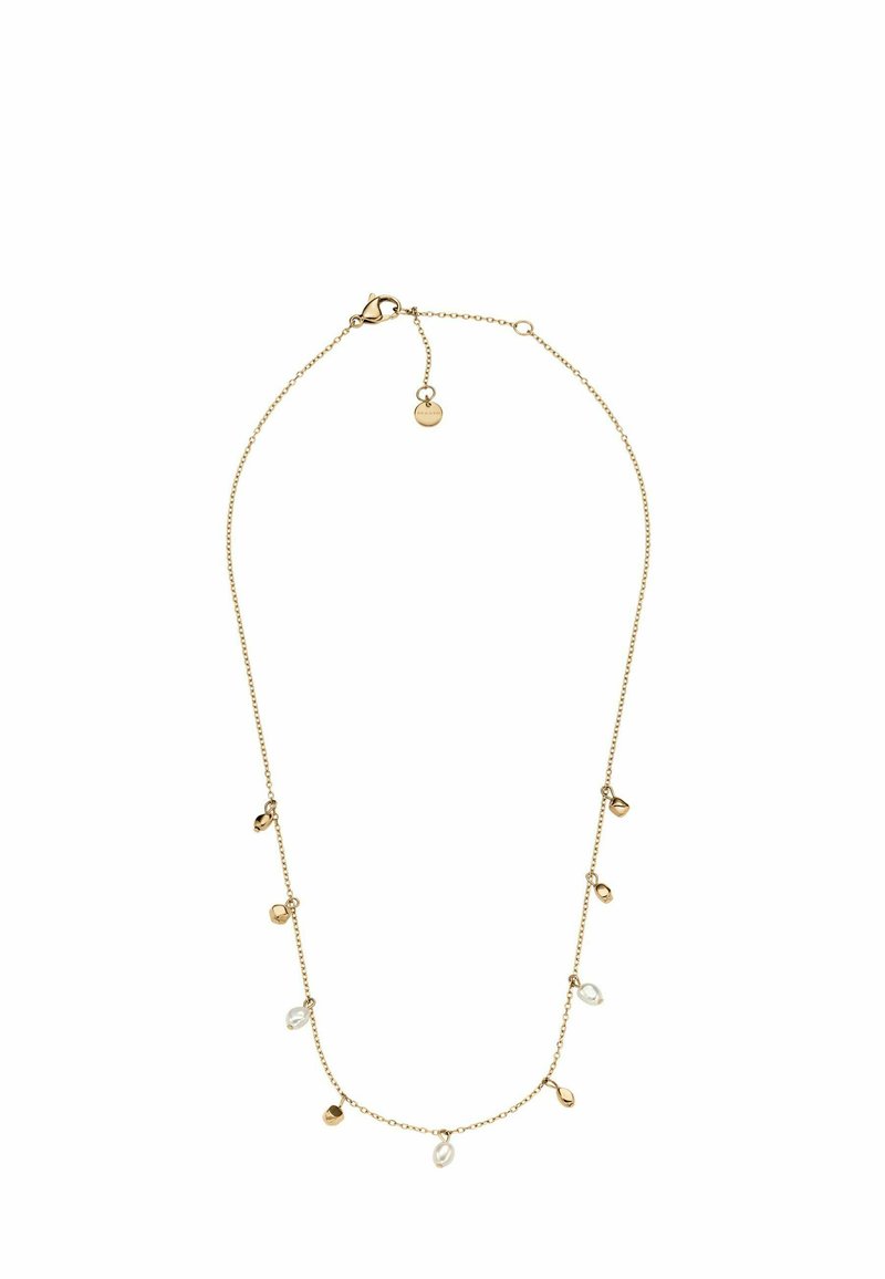 Gouden halsketting met een delicate ketting, voorzien van diverse kleine, druppelvormige kralen en ronde accenten, beveiligd met een karabijnsluiting.