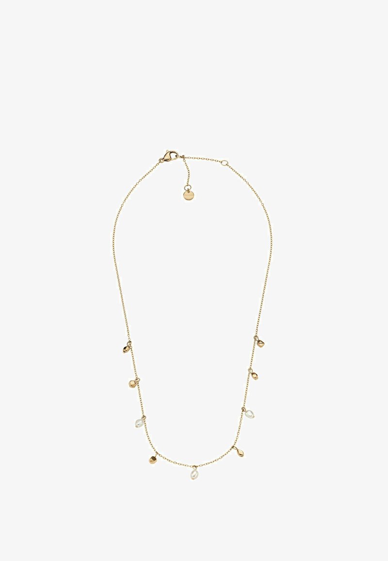 Collar de tono dorado que presenta una delicada cadena con pequeñas cuentas en forma de lágrima y acentos circulares, asegurado con un cierre de langosta.