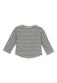 Long-sleeve child’s shirt with black and white horizontal stripes, crew neckline, and slightly curved hem on a white background.