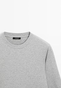 Grauer Sweatshirt mit Rundhalsausschnitt, aus weichem Baumwollmaterial. Verfügt über einen geraden Schnitt und minimale Nähte. Etikett am Halsausschnitt sichtbar.