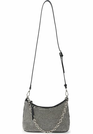 Sac à main noir avec strass argentés, poignée chaîne argentée et bandoulière noire réglable.