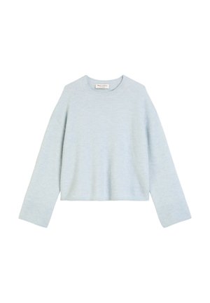 Lyseblå cropped genser laget av mykt materiale, med rund hals og lange ermer med en avslappet passform.