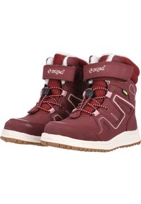 Bottes d'hiver bordeaux avec doublure en fausse fourrure, semelles en caoutchouc robustes et mélange de matériaux synthétiques. Comprend des lacets ajustables et une sangle Velcro.
