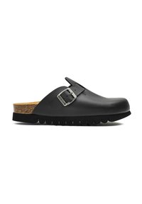 Black leather clog with a cork insole and textured rubber sole. Features an adjustable buckle strap and a curved, open-back design.