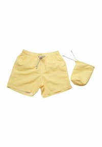 Costumi da bagno gialli a righe realizzati in tessuto leggero, con cintura elastica e coulisse, accompagnati da una borsa di stoccaggio coordinata.