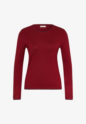 Maglione rosso a maniche lunghe con scollo rotondo, realizzato in tessuto liscio. Presenta bordatura a contrasto lungo lo scollo e i polsini delle maniche.