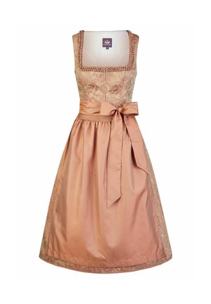 Traditionele mouwloze dirndl-jurk in blush-roze met bloemrijke borduurwerk, vierkante halslijn en satijnen schort gestrikt met een strik in de taille.