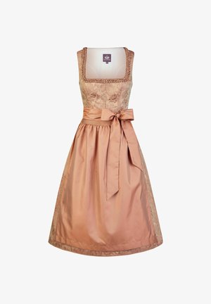 Traditionele mouwloze dirndl-jurk in blush-roze met bloemrijke borduurwerk, vierkante halslijn en satijnen schort gestrikt met een strik in de taille.