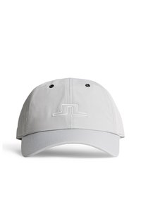 Grå baseballkeps med sexpaneldesign, som har en konturerad krona, en böjd skärm och en vit logotyp på framsidan. Två ventilationsöppningar.