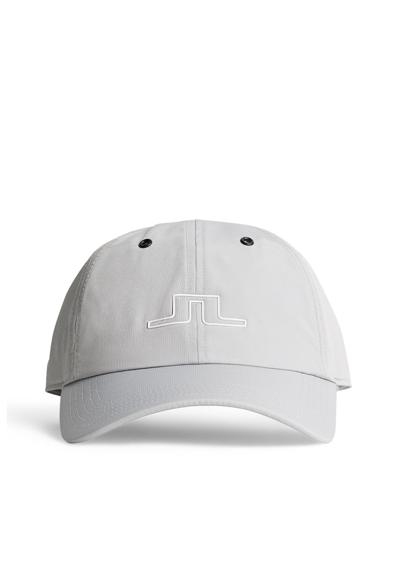 Grå baseballkeps med sexpaneldesign, som har en konturerad krona, en böjd skärm och en vit logotyp på framsidan. Två ventilationsöppningar.