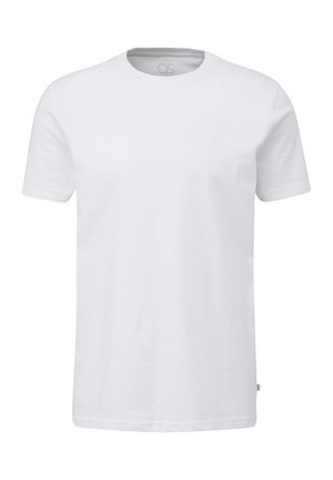T-shirt bianco a maniche corte con collo rotondo, realizzato in cotone, caratterizzato da una texture liscia, taglio dritto e una piccola etichetta del logo sul lato sinistro.