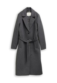 Lang donkergrijs wollen coat met brede revers, twee knopen aan de voorkant, zijzakken en een bijpassende riem die om de taille is geknoopt.