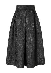 Zwarte midi-rok met een hoge taille en een intricaat jacquardpatroon van bloemen en zwirls, geplooid voor volume en textuur.