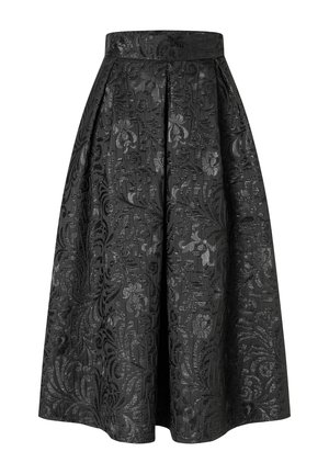 Schwarzer Midirock mit hoher Taille und aufwendigem Jacquardmuster aus Blumen und Wirbeln, plissiert für Volumen und Textur.