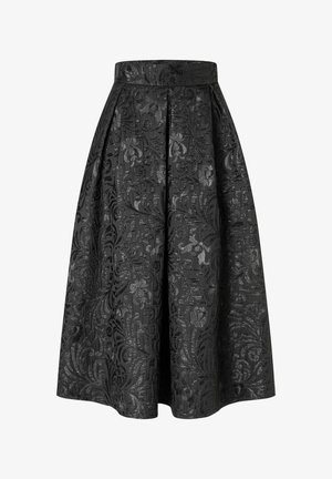 Zwarte midi-rok met een hoge taille en een intricaat jacquardpatroon van bloemen en zwirls, geplooid voor volume en textuur.