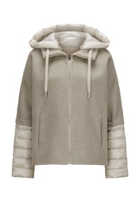 Hellgraue Kapuzenjacke mit Reißverschluss vorne. Körper aus weichem Stoff, Ärmel aus gestepptem glänzendem Material. Mit verstellbaren Kordeln.