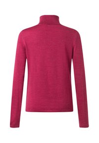 Svetr s dlouhými rukávy a rolákem v melírované růžové pletenině, s přiléhavým střihem a ribbovaným límcem. Hladká textura po celém povrchu.